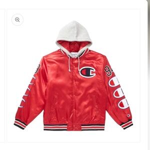 SUPREME CHAMPION HOODED SATIN VARSITY JACKET